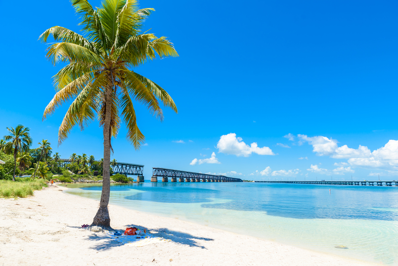 Beach at Bahia Honda State Park.
Beautiful clear water white sandy beach with Old railroad and Palm tree. FloridaKeysVillas.com