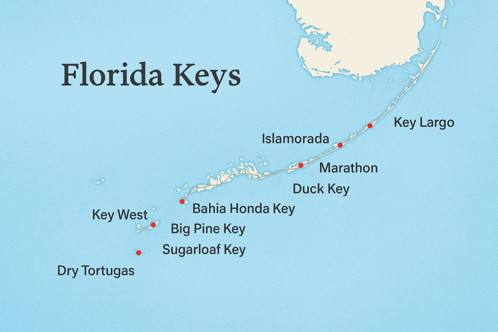 Florida Keys map showing island order from Key Largo to Key West. FloridaKeysVillas.com