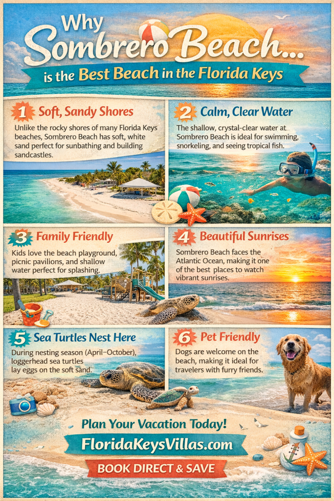 Why Sombrero Beach is the Best Beach in the Florida Keys. FloridaKeysVillas.com Sombrero Beach park Marathon Florida palm trees picnic tables and ocean