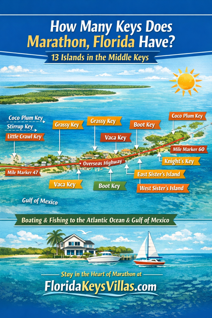 How Many Keys Does Marathon Florida Have? 13 Islands make up Marathon in the Middle Keys. FloridaKeysVillas.com