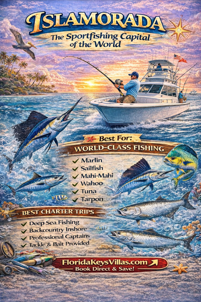 Islamorada the Sportsfishing Capital of the World. Sportfishing boat in Islamorada Florida Keys at sunset FloridaKeysVillas.com