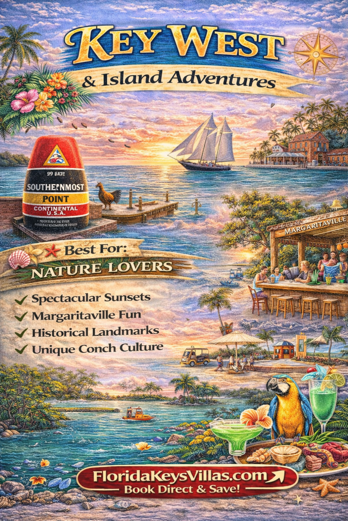 Duval Street in Key West Florida with colorful buildings. Key West & Island Adventures Florida Keys Villas. FloridaKeysVillas.com