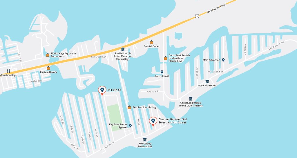Map of Key Colony Beach showing vacation rental neighborhoods and streets. Key Colony Beach Rentals at 711 8 Street Key Colony Beach - FloridaKeysVillas.com