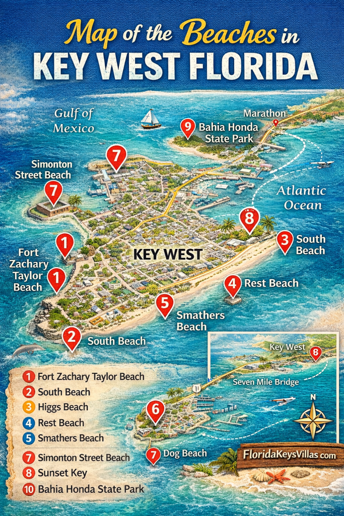 Map of the Beaches in Key West Florida. What are the best beaches in Key West Florida? FloridaKeysVillas.com