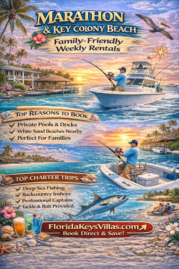 Marathon & Key Colony Beach Family Friendly Weekly Rentals. FloridaKeysVillas.com Marathon Florida fishing charter boat in blue waters