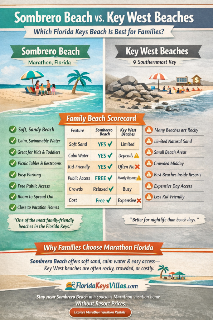 Sombrero Beach vs Key West Beaches. Which Florida Keys Beach is best for families. FloridaKeysVillas.com