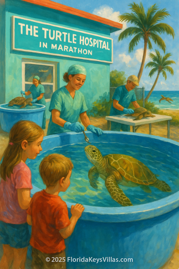 Children watching sea turtles at Turtle Hospital. Children learning about sea turtles at Turtle Hospital Marathon Florida tour. Turtle Hospital in Marathon Florida. FloridaKeysVillas.com.