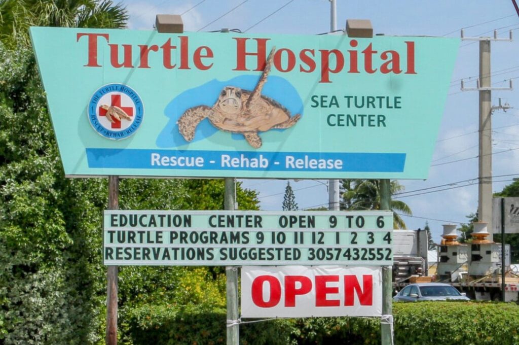 The Turtle Hospital in Marathon Florida rescuing and rehabilitating sea turtles. Turtle Hospital sign and Times Open. FloridaKeysVillas.com