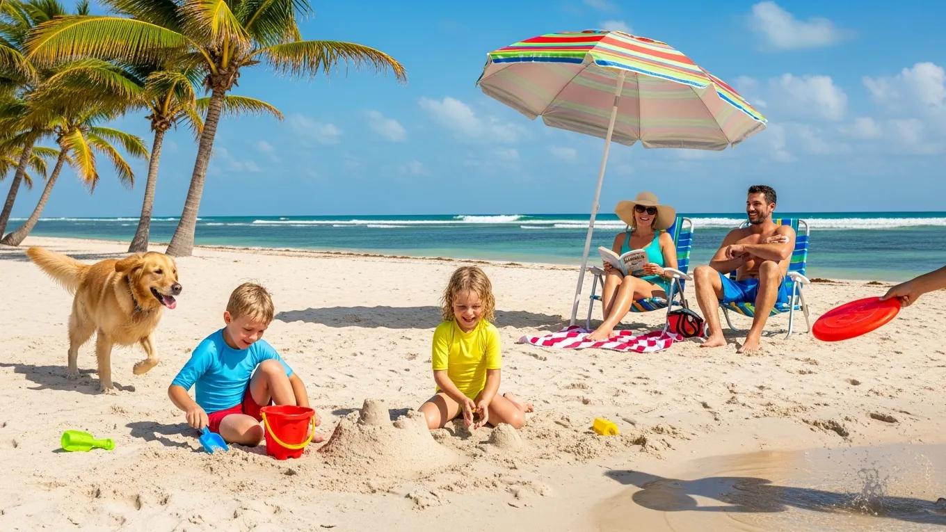 Family at Sombrero Beach in Marathon Florida with children playing and a dog running along the sand