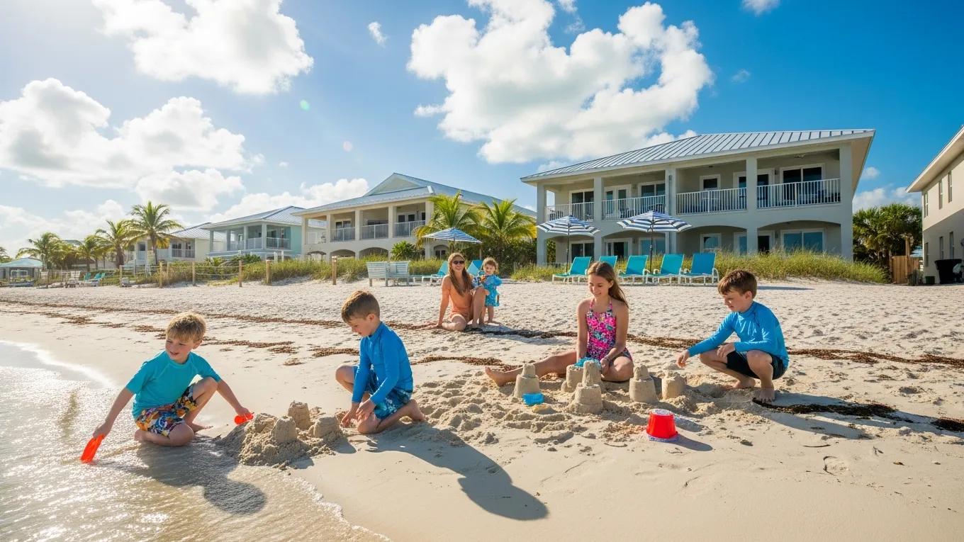 Family enjoying a day at Sombrero Beach in Marathon, showcasing family-friendly vacation rental options