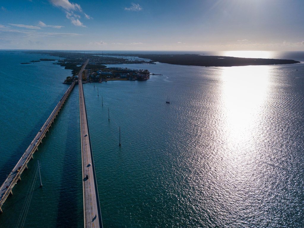 Aerial view of Marathon Florida showing the Overseas Highway and surrounding islands. Seven Mile Bridge. FloridaKeysVillas.com